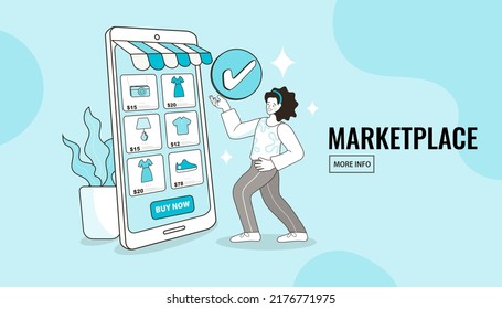 Online shop smartphone app. Mobile based marketplace. Retail business cartoon icons set. Digital marketing and advertising. Commerce platform. Buy and sell products, startup launch. vector outline.