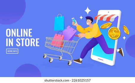 Online shop smartphone app. Mobile based marketplace. Retail business cartoon icons set. Digital marketing and advertising. Commerce platform. Buy and sell products, startup launch. vector