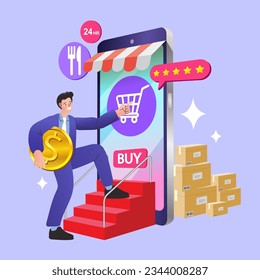 Online shop smartphone app. Mobile based marketplace. Retail business cartoon icons set. Digital marketing and advertising. Commerce platform. Buy and sell products, startup launch. Vector