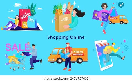 Tienda en línea App de smartphones. Mercado móvil. Conjunto de iconos de dibujos animados de negocios. Marketing digital y publicidad. Plataforma de comercio. Compra y venta de productos, lanzamiento de la empresa. Vector