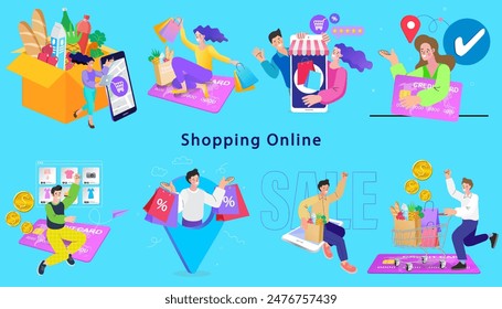 Online shop smartphone app. Mobile based marketplace. Retail business cartoon icons set. Digital marketing and advertising. Commerce platform. Buy and sell products, startup launch. vector