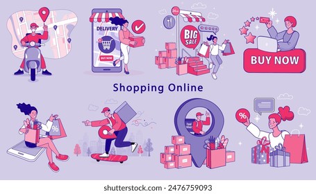 Online shop smartphone app. Mobile based marketplace. Retail business cartoon icons set. Digital marketing and advertising. Commerce platform. Buy and sell products, startup launch. vector outline.