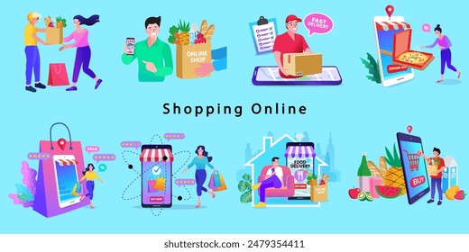Online shop smartphone app. Mobile based marketplace. Retail business cartoon icons set. Digital marketing and advertising. Commerce platform. Buy and sell products, startup launch. vector