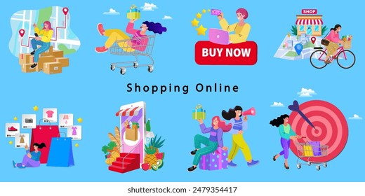 Online shop smartphone app. Mobile based marketplace. Retail business cartoon icons set. Digital marketing and advertising. Commerce platform. Buy and sell products, startup launch. vector