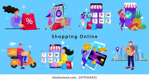 Tienda en línea App de smartphones. Mercado móvil. Conjunto de iconos de dibujos animados de negocios. Marketing digital y publicidad. Plataforma de comercio. Compra y venta de productos, lanzamiento de la empresa. Vector