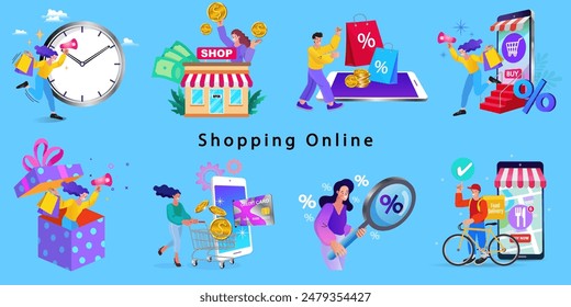 Online shop smartphone app. Mobile based marketplace. Retail business cartoon icons set. Digital marketing and advertising. Commerce platform. Buy and sell products, startup launch. vector