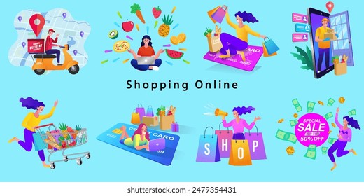 Online shop smartphone app. Mobile based marketplace. Retail business cartoon icons set. Digital marketing and advertising. Commerce platform. Buy and sell products, startup launch. vector