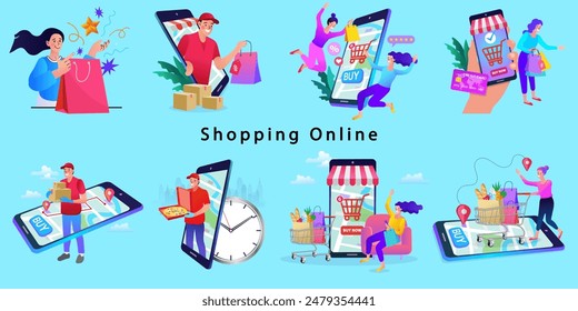 Tienda en línea App de smartphones. Mercado móvil. Conjunto de iconos de dibujos animados de negocios. Marketing digital y publicidad. Plataforma de comercio. Compra y venta de productos, lanzamiento de la empresa. Vector