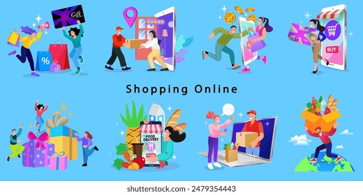 Online shop smartphone app. Mobile based marketplace. Retail business cartoon icons set. Digital marketing and advertising. Commerce platform. Buy and sell products, startup launch. vector