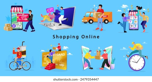 Online shop smartphone app. Mobile based marketplace. Retail business cartoon icons set. Digital marketing and advertising. Commerce platform. Buy and sell products, startup launch. vector