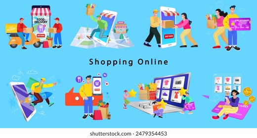 Online shop smartphone app. Mobile based marketplace. Retail business cartoon icons set. Digital marketing and advertising. Commerce platform. Buy and sell products, startup launch. vector