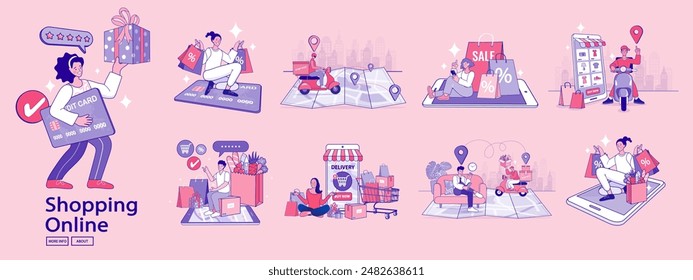 Online shop smartphone app. Mobile based marketplace. Retail business cartoon icons set. Digital marketing and advertising. Commerce platform. Buy and sell products, startup launch. vector outline.