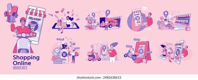 Online shop smartphone app. Mobile based marketplace. Retail business cartoon icons set. Digital marketing and advertising. Commerce platform. Buy and sell products, startup launch. vector outline.