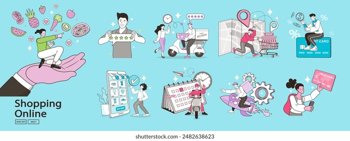 Online shop smartphone app. Mobile based marketplace. Retail business cartoon icons set. Digital marketing and advertising. Commerce platform. Buy and sell products, startup launch. vector outline.