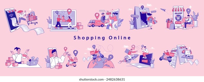 Online shop smartphone app. Mobile based marketplace. Retail business cartoon icons set. Digital marketing and advertising. Commerce platform. Buy and sell products, startup launch. vector outline.