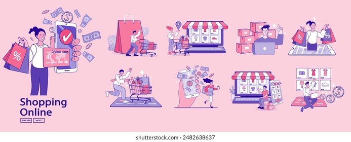 Online shop smartphone app. Mobile based marketplace. Retail business cartoon icons set. Digital marketing and advertising. Commerce platform. Buy and sell products, startup launch. vector outline.