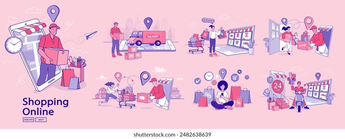 Online shop smartphone app. Mobile based marketplace. Retail business cartoon icons set. Digital marketing and advertising. Commerce platform. Buy and sell products, startup launch. vector outline.