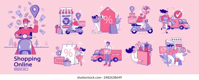 Online shop smartphone app. Mobile based marketplace. Retail business cartoon icons set. Digital marketing and advertising. Commerce platform. Buy and sell products, startup launch. vector outline.