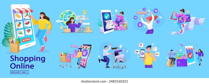 Online shop smartphone app. Mobile based marketplace. Retail business cartoon icons set. Digital marketing and advertising. Commerce platform. Buy and sell products, startup launch. vector