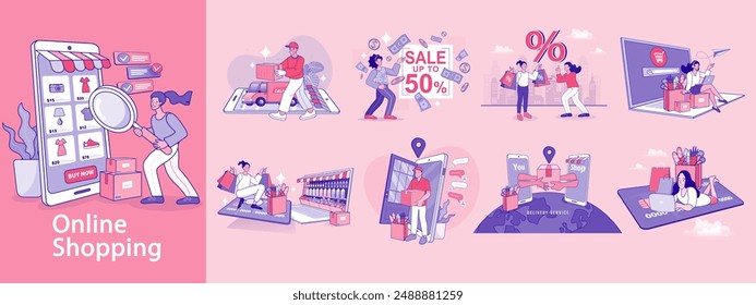 Online shop smartphone app. Mobile based marketplace. Retail business cartoon icons set. Digital marketing and advertising. Commerce platform. Buy and sell products, startup launch. vector outline.