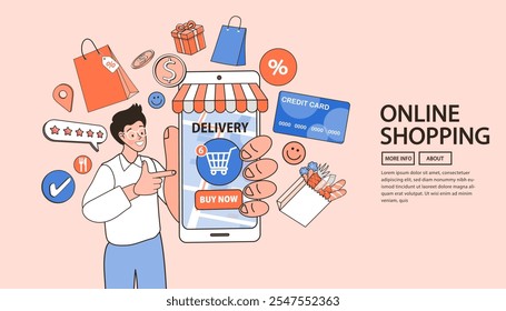 Online shop smartphone app. Mobile based marketplace. Retail business cartoon. Digital marketing and advertising. Commerce platform. Buy and sell products, startup launch. vector , flat , illustration