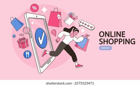 Online shop smartphone app. Mobile based marketplace. Retail business cartoon icons set. Digital marketing and advertising. Commerce platform. Buy and sell products, startup launch. vector