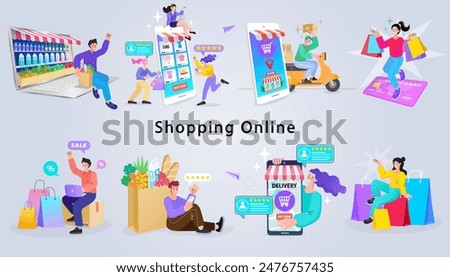 Online shop smartphone app. Mobile based marketplace. Retail business cartoon icons set. Digital marketing and advertising. Commerce platform. Buy and sell products, startup launch. vector