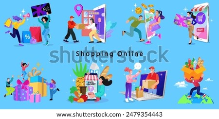 Online shop smartphone app. Mobile based marketplace. Retail business cartoon icons set. Digital marketing and advertising. Commerce platform. Buy and sell products, startup launch. vector