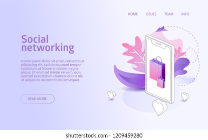 Online shop social network website landing or e-commerce isometric vector illustration concept