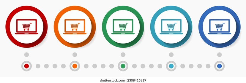 Online shop, store concept vector icon set, infographic template, flat design circle colorful web buttons in 5 color options