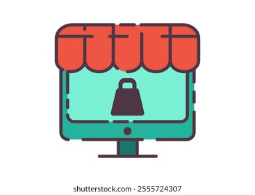 Online shop store icon illustration. Flat line color icon of online shopping, showing a computer screen with a shopping bag under a store awning. Colored outline icon.