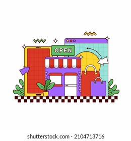 online shop store illustration with gadget website and bag in 90s cartoon trendy style