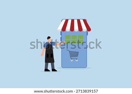 Online shop store, shopkeeper with online mobile store.