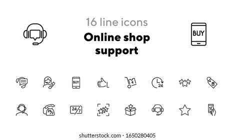Juego de iconos de asistencia de tienda en línea. Concepto de entrega de productos. La ilustración vectorial puede utilizarse para temas como compras, compras, tiendas en línea
