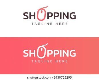 Online shop with text "Shopping" and Computer mouse icon symbol logo vector design concept. Online shopping typography design for ui, web , shop business, E-commerce, online market, sale, supermarket.