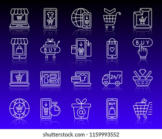 Online shop thin line icon set. Outline sign kit of e-commerce. Internet Buy linear icons includes clothes supermarket, shopping bag gift, money payment. Simple web store symbol. Vector Illustration