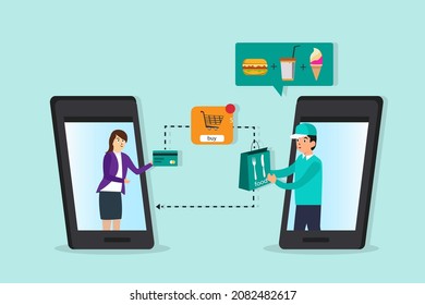 Concepto vectorial de tienda en línea: Hombre nutritivo entregando alimentos a mujeres jóvenes mientras usa aplicaciones móviles