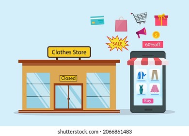 Online shop vector concept. Offline store transforms into online shop on the smart phone with special offer