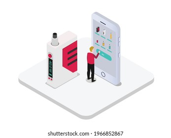 Online shop vector concept. Young man buying electric cigarette on a cellphone with application online while standing with vape