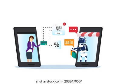 Online shop vector concept: Young woman shopping on online shop with robot seller 