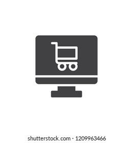 Online shop vector icon. filled flat sign for mobile concept and web design. PC monitor and shopping cart simple solid icon. Symbol, logo illustration. Pixel perfect vector graphics