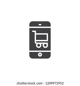 Online shop vector icon. filled flat sign for mobile concept and web design. Mobile phone with shopping cart simple solid icon. Symbol, logo illustration. Pixel perfect vector graphics