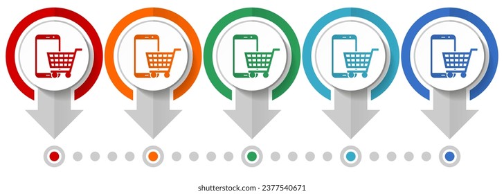 Online shop vector icon set, flat design infographic template, set pointer concept icons in 5 color options for webdesign and mobile applications