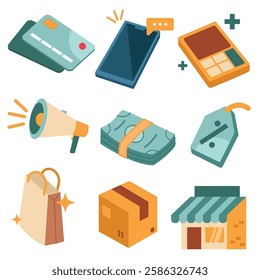 Online shop vector icon set. Flat design illustration. Card, payment, notification ,calculator, promotion, money, discount, shopping, bag, package, shipping, box, shop, online, store,