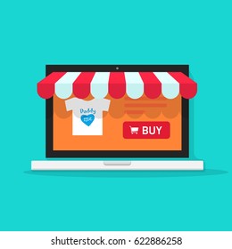 Online shop vector illustration, flat style on-line internet store front on laptop computer, shopping cart storefront, ecommerce showcase