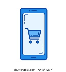 Icono de línea vectorial de tienda en línea aislado en fondo blanco. Icono de línea de compras en línea para infografía, sitio web o aplicación. Icono azul diseñado en un sistema de cuadrícula.