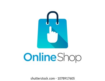 Online shop vector logo design template. Hand pointer symbol and shopping bag