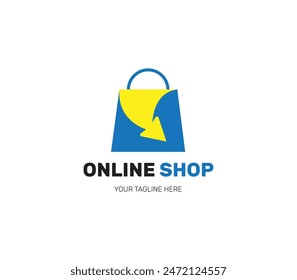 Online Shop Vector Logo Design. Shop bag with click icon.