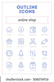 online shop vector outline icons set with all symbols and illustrations for online shop design