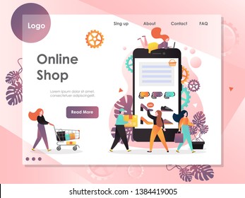 Online shop vector website template, web page and landing page design for website and mobile site development. Internet shopping store for women, e-commerce concepts.